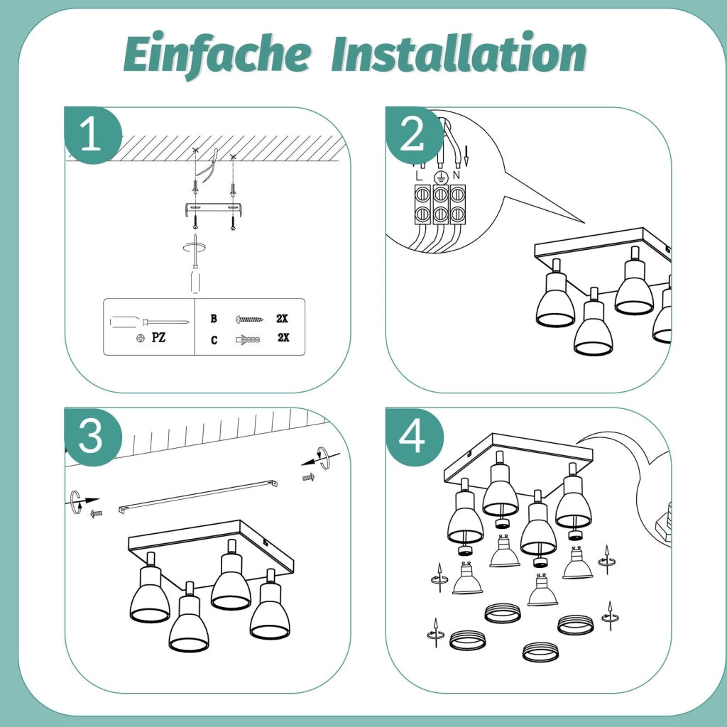 ZMH Faretto da soffitto LED bianchi 4 luci GU10 orientabili quadrati anche parete senza lampadina