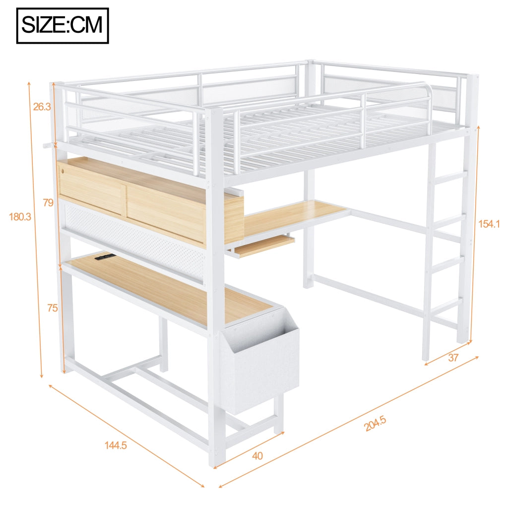LETTO A soppalco 140x200 cm con scrivania LED USB MDF metallo bianco