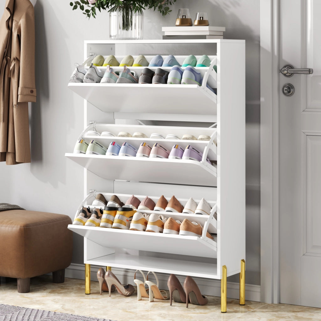 Mobile Scarpiera con 3 Ante senza Maniglie e Ripiani Doppi; Stile Moderno; in MDF; 73×24×120 cm; Bianco