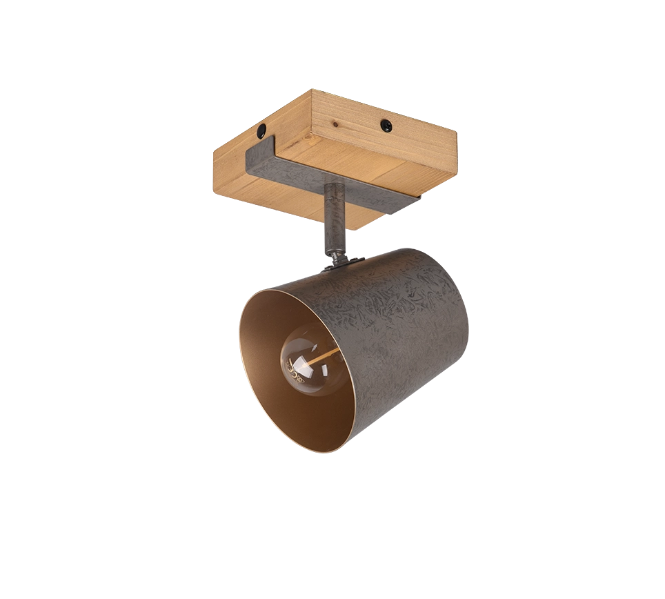 Spot orientabile, legno e metallo, naturale e acciaio/oro, H 18 cm, Bell