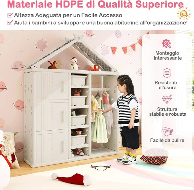 Armadio per Bambini, Organizzatore a Forma di Casa con 1 Lavagna, 3 Armadietti, 4 Cestini, 3 Cubi Chiusi e 3 Cestini Laterali, Armadietto Salvaspazio per Camera da Letto e Soggiorno (Bianco)