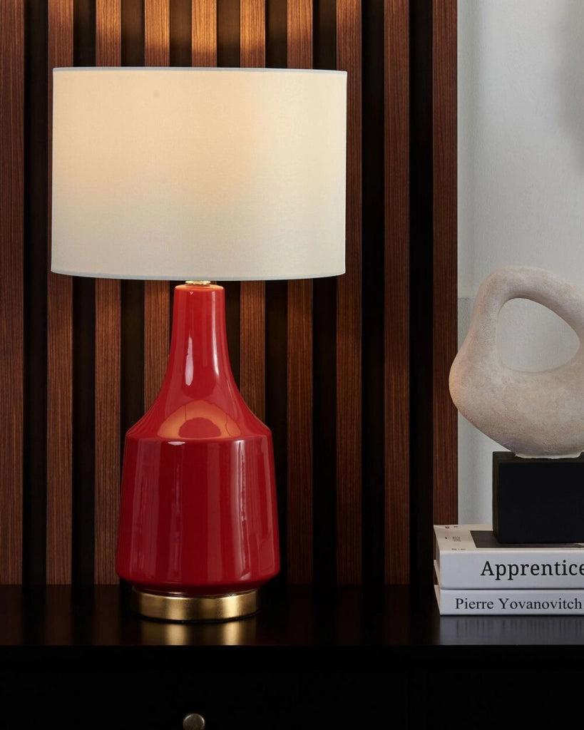 Lampada da Tavolo Comodino Luce Rossa Base in Ceramica Tamburo paralume in policotone Bianco Sporco Paralume Rotondo