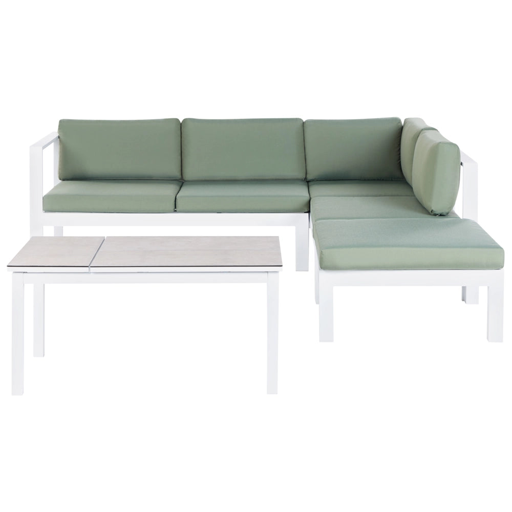 Set da giardino divano 5 posti e tavolo elevabile con struttura bianca e piano in vetro e cuscini bianchi e verdi stile moderno scandinavo