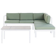 Set da giardino divano 5 posti e tavolo elevabile con struttura bianca e piano in vetro e cuscini bianchi e verdi stile moderno scandinavo