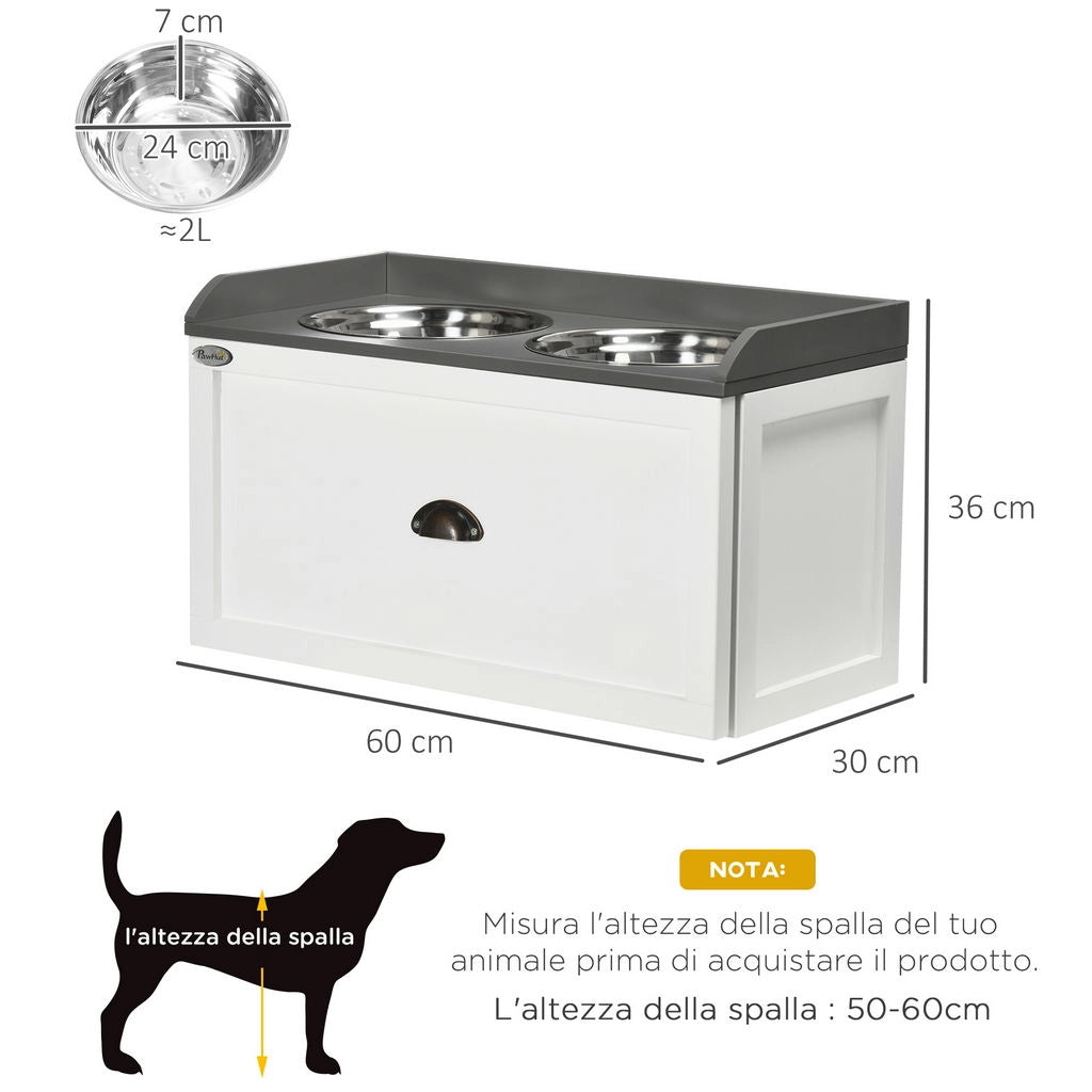 CIOTOLE PER CANI RIALZATE IN ACCIAIO INOX E LEGNO CON CASSETTO, 60X30X36CM, BIANCO E GRIGIO