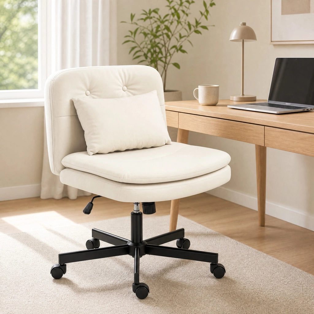 Sedia da Ufficio Girevole senza Braccioli con Altezza Regolabile, Funzione Dondolo, Cuscino, Similpelle Beige 63 × 67 × 83-93 cm