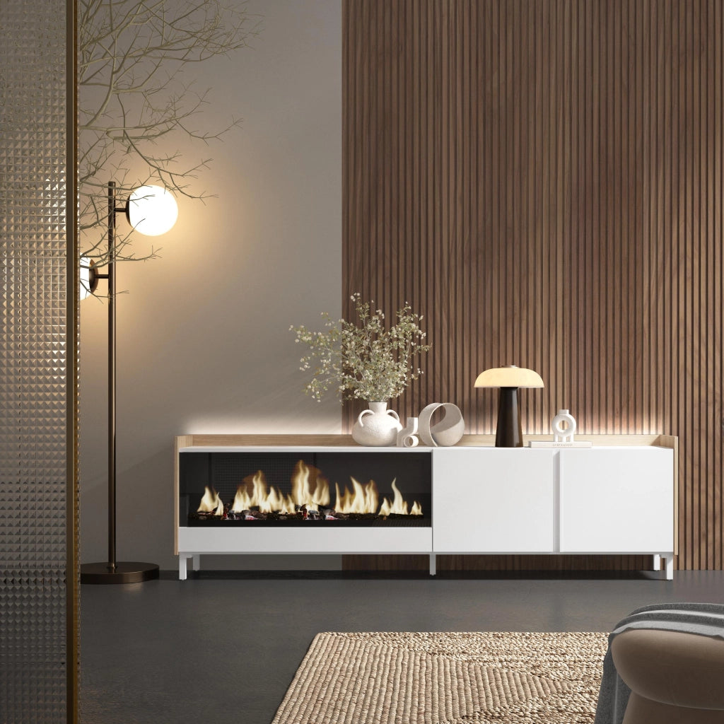 Mobile TV Soggiorno, 212x61x35 cm, Per TV fino a 80", Camino elettrico XXL, Design industriale, LED, Bianco e Rovere soft