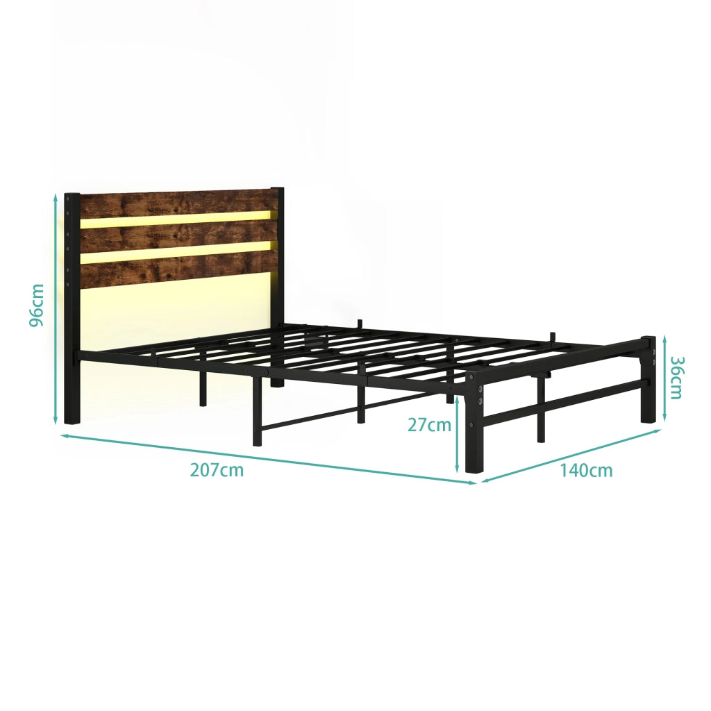 LETTO matrimoniale 120x200 cm in MDF e metallo, marrone antico, con LED