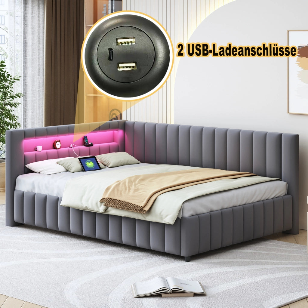 OKWISH Letto a Divano 140×200 cm, Letto Matrimoniale con LED Regolabile, USB e Schienale e Testiera, senza Materasso, Grigio