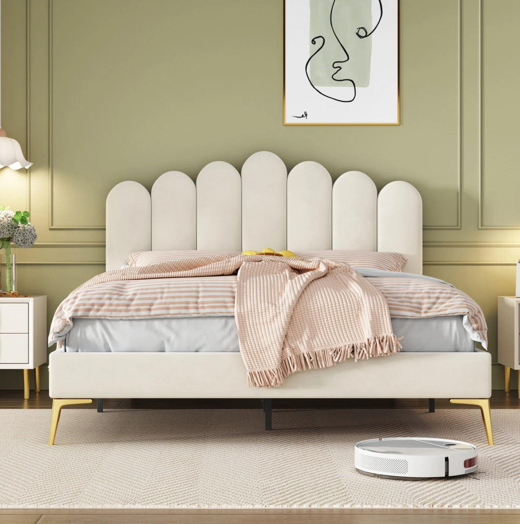 Letto matrimoniale 140x200 cm testiera regolabile in MDF e velluto beige (Senza materasso)
