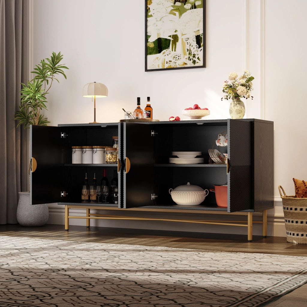 Credenza e madia con 4 ante e chiusura soft-close, dettagli dorati, per soggiorno, nera, 160 × 40 × 82 cm