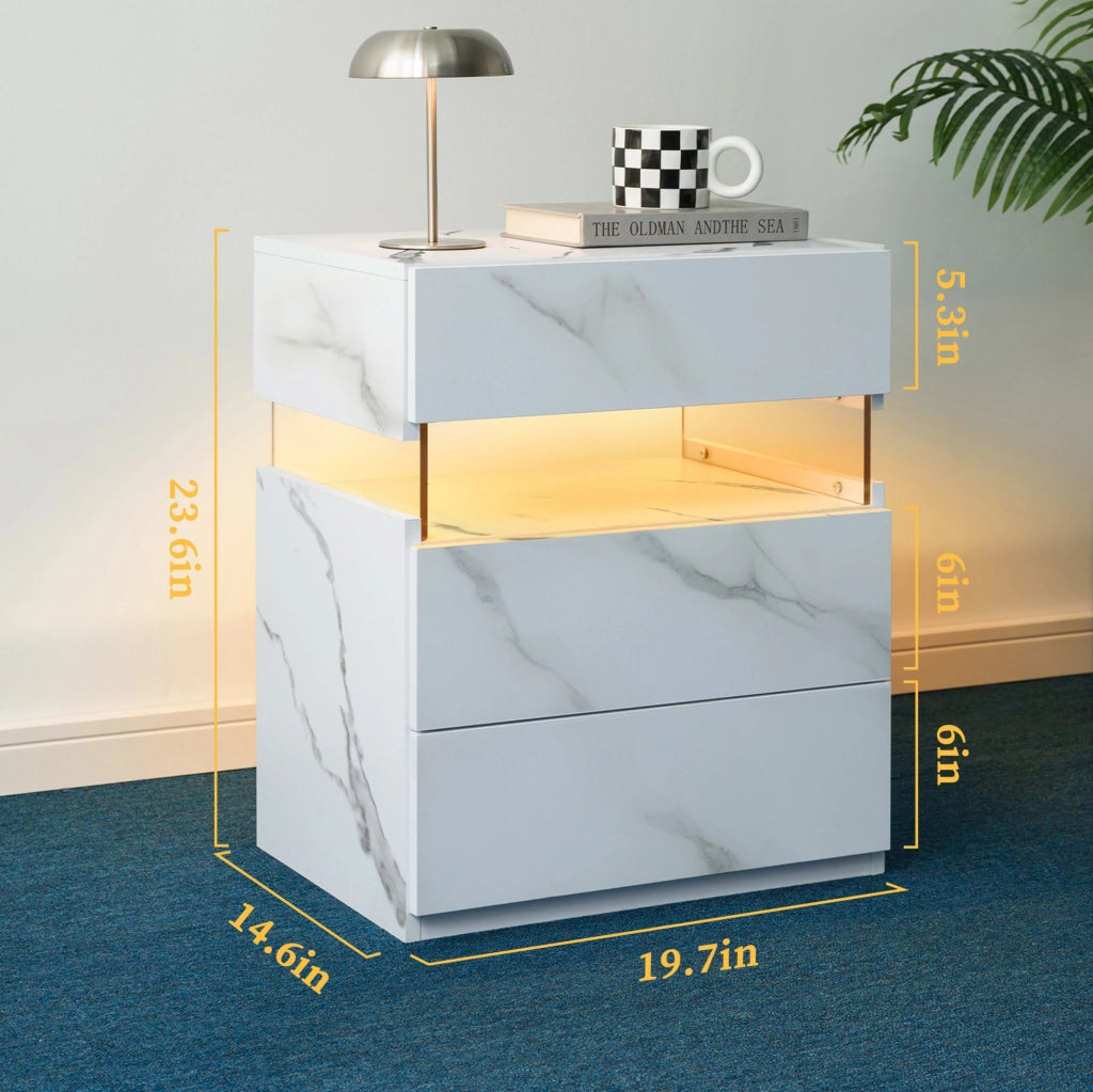 Comodino con 3 cassetti e luce LED RGB; in legno ingegnerizzato; bianco opaco