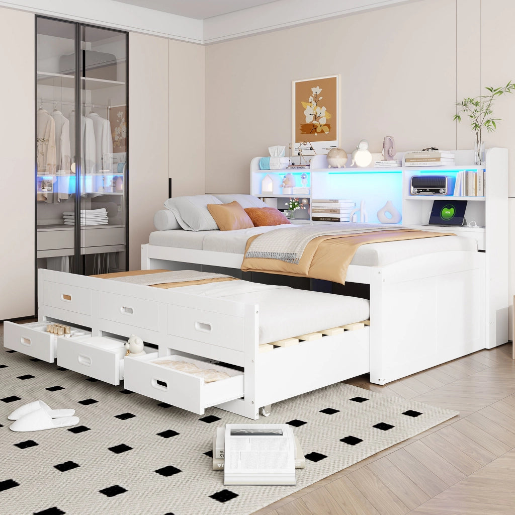 Letto Estraibile Letto Singolo 90x200 cm; 3 Cassetti; LED; USB e Type-C; Bianco