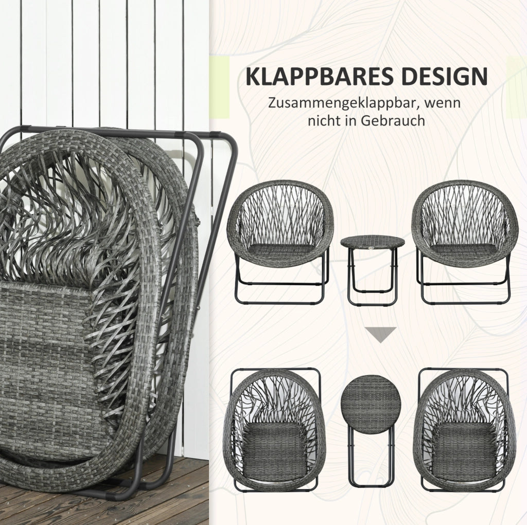 Set da giardino pieghevole 3 pezzi grigio con tavolino e 2 sedie