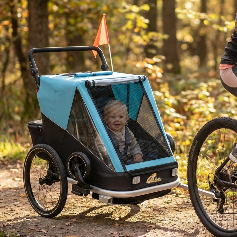RIMORCHIO BICI PER BAMBINI 2 POSTI 2-in-1 PIEGHEVOLE BLU ALLUMINIO