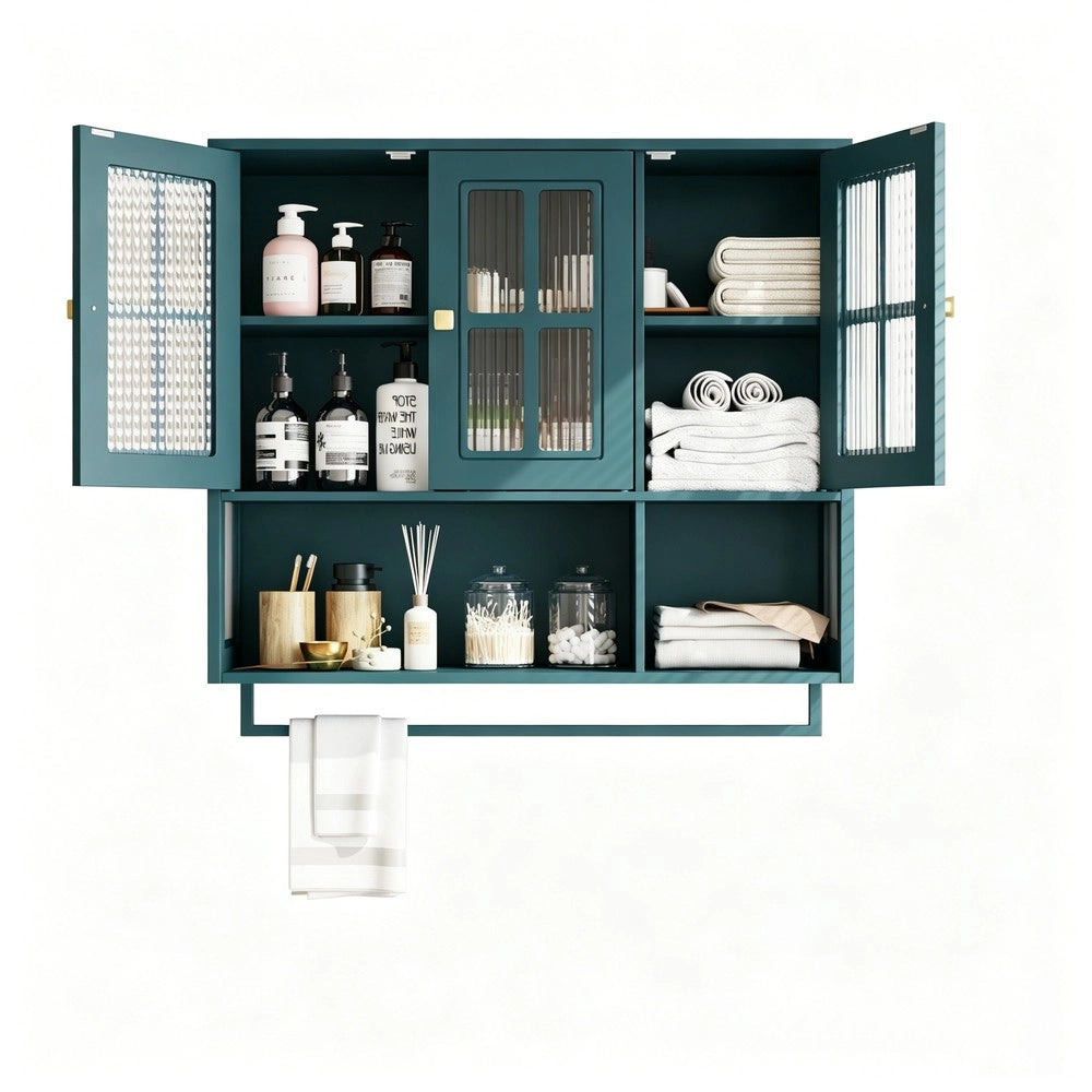 Armadietto Bagno a Parete 3 Ante Legno con Specchio e Porta Salviette ¨C MINIMAL ¨C Verde Scuro