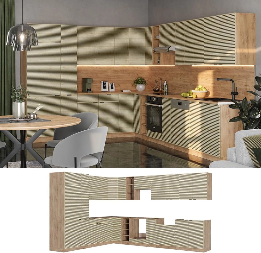 Cucina angolare completa Fame-Line, Pannello in rovere/rovere goldkraft, 347 x 257 cm, PL Antracite