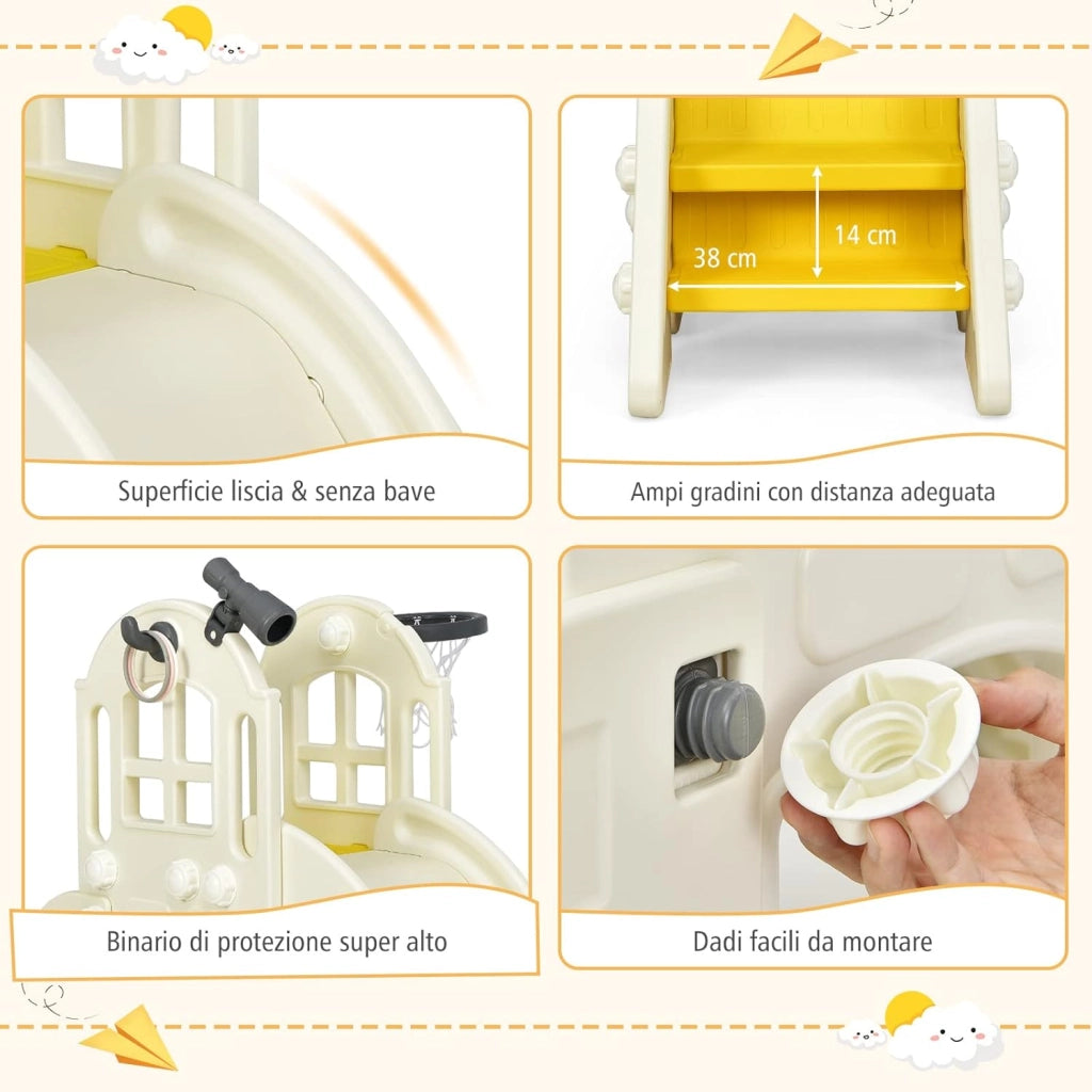 Scivolo per Bambini 6 in 1, Set da Gioco per Bambini con Canestro, Palla, Lancio dell'Anello e Cannocchiale, Ideale per Interni ed Esterni per Ragazzi e Ragazze, 189,5 x 83 x 98 cm (Giallo)