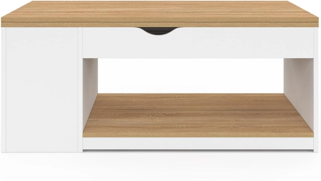 Tavolino rettangolare con piano sollevabile, trasformabile in tavolo da pranzo ELEA, 100 cm, legno bianco e impiallacciato faggi