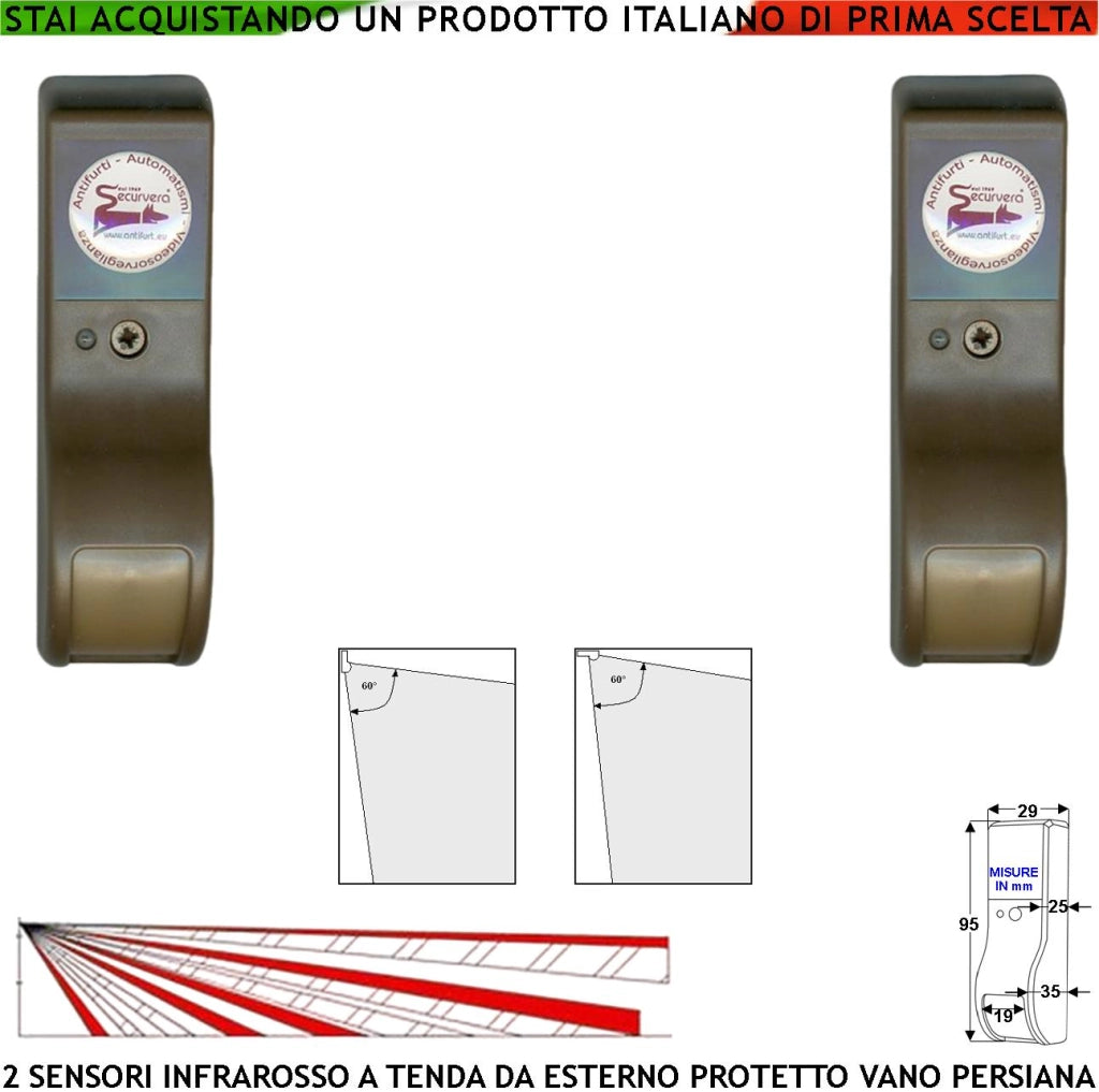 Sensori di Movimento Infrarosso Tenda Esterno Due Pezzi Marroni Dual Pir Per Vano Persiana Rilevano Estranei Inviano Allarme Portata 8 MT 60° Vert. 7° Oriz. Aliment.12 V Assor. 10 mA Cover ABS IP31