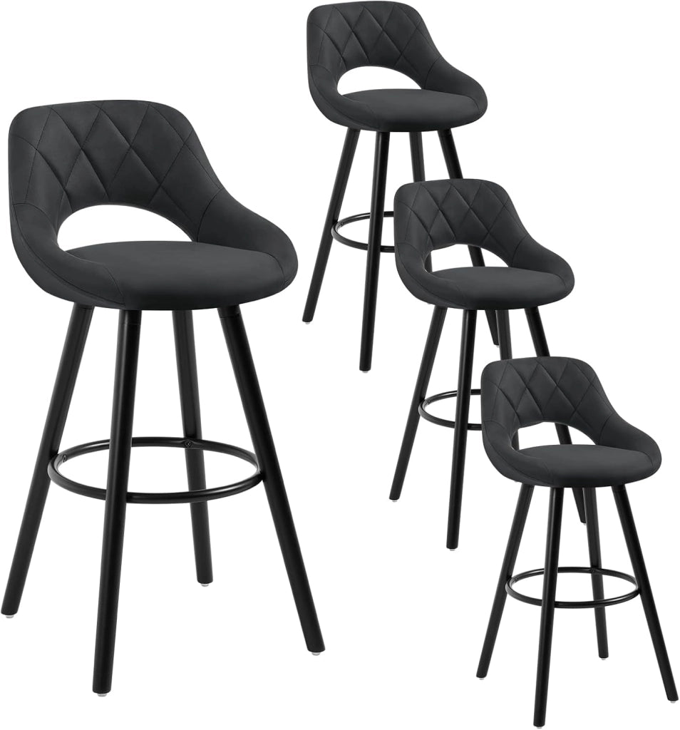 Sgabelli da Cucina Set di 4, Sgabello da Bar per Colazione, Sgabelli Alti con Poggiapiedi e Schienale, Sedile in Tessuto Tecnico+Gambe in Legno, Antracite, BH291an-4