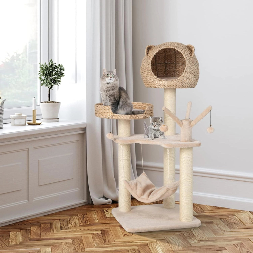 Tiragraffi per Gatti Adulti, Albero Tiragraffi con Cuccia, Piattaforma, Cuscini e Tiragraffi, Torre per Animali Domestici in Legno, 49,5 x 49,5 x 121 cm