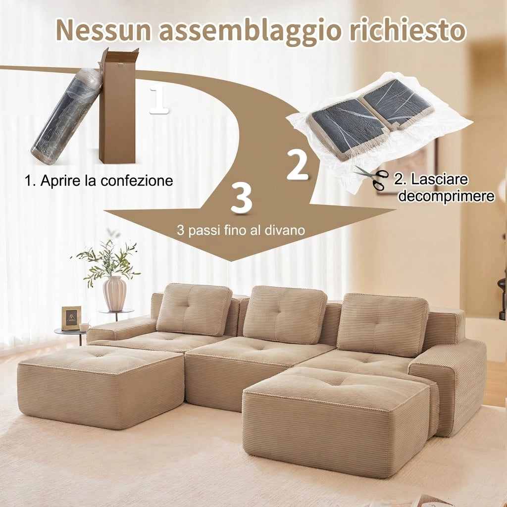 Divano modulare a L 3 posti beige 293x177x69 cm con pouf; velluto a coste