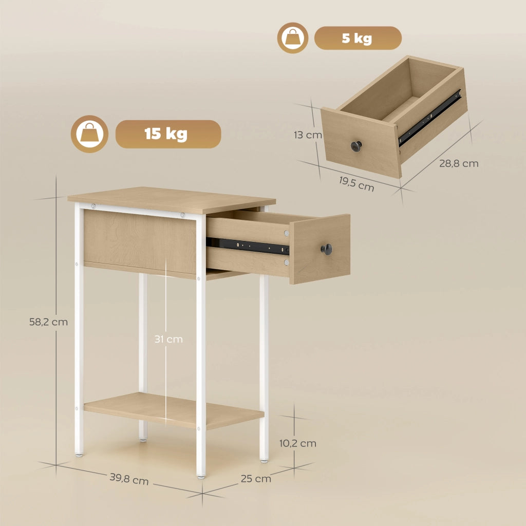 Tavolino con Cassetto e Ripiano Aperto ¨C Zephmum ¨C 25x39,8x58,2 cm Legno Naturale Metallo