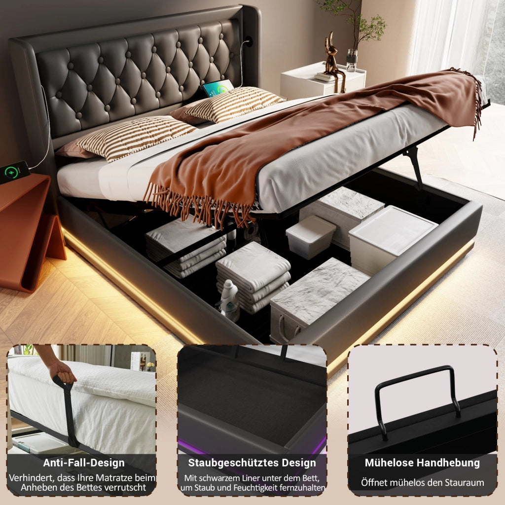 Letto Contenitore Letto Matrimoniale 160 x 200 cm con USB; Tipo C e LED; senza Materasso; PU; Nero