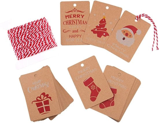 Etichette per regalo 50 pezzi - Carta kraft - 5 motivi natalizi - Corda per appendere - Etichette per confezioni - Ideale per progetti di fai da te - Carte regalo personalizzate