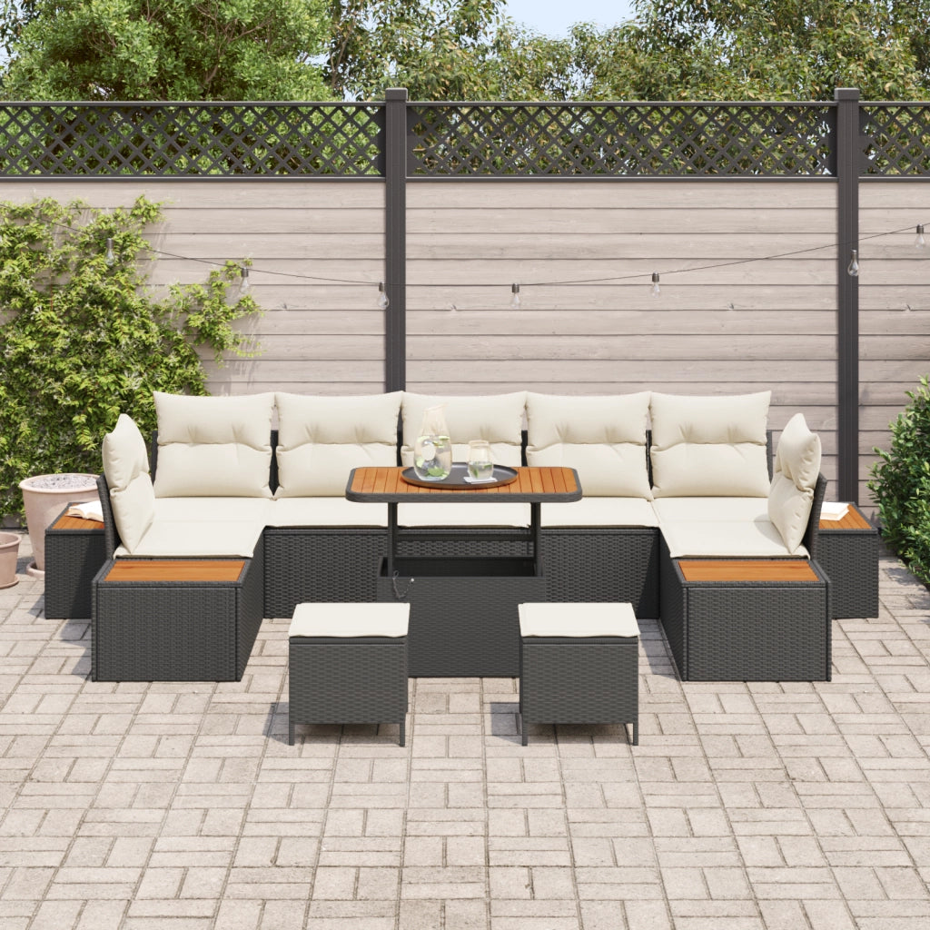 Set Divano da Giardino 10 Pezzi con Cuscini Nero Polyrattan Acacia