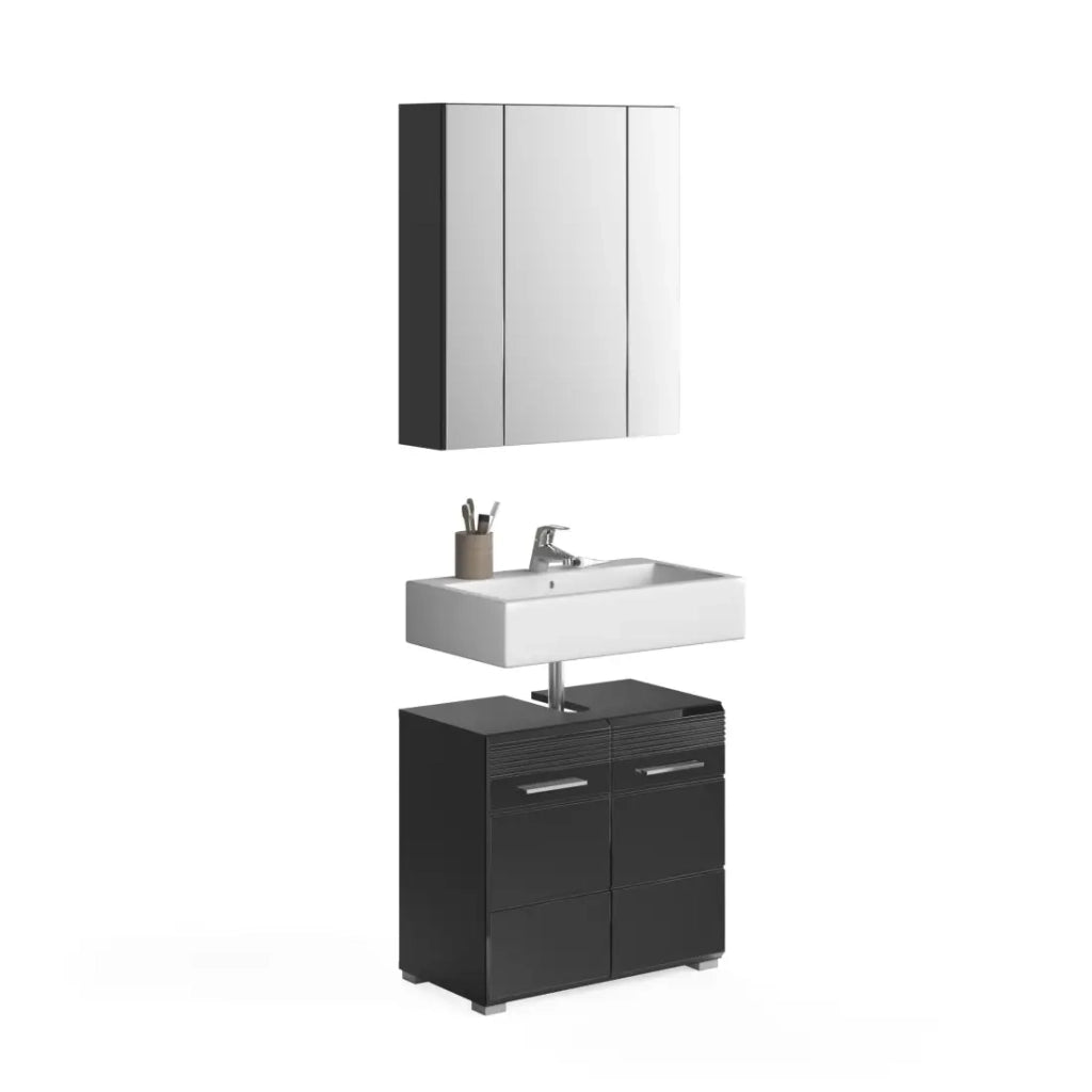 Set di mobili per il bagno: mobile sotto lavabo + armadietto con specchio – Nero lucido – KLEANKIN