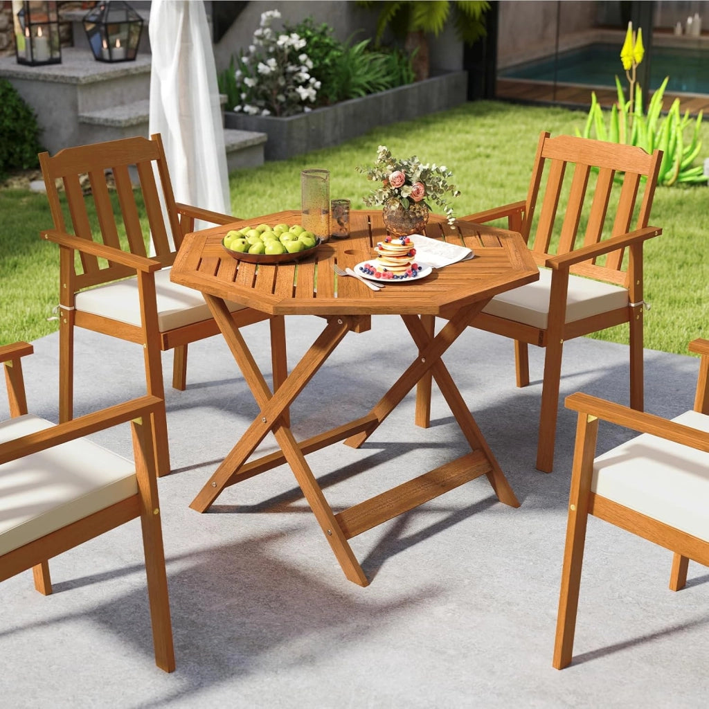 Tavolino da Giardino con Foro per Ombrellone da 5 cm, Tavolino da Caffè in Legno Massello con Struttura a Forma di X Robusta per Patio, Cortile e Bordo Piscina, 90 x 90 x 72 cm