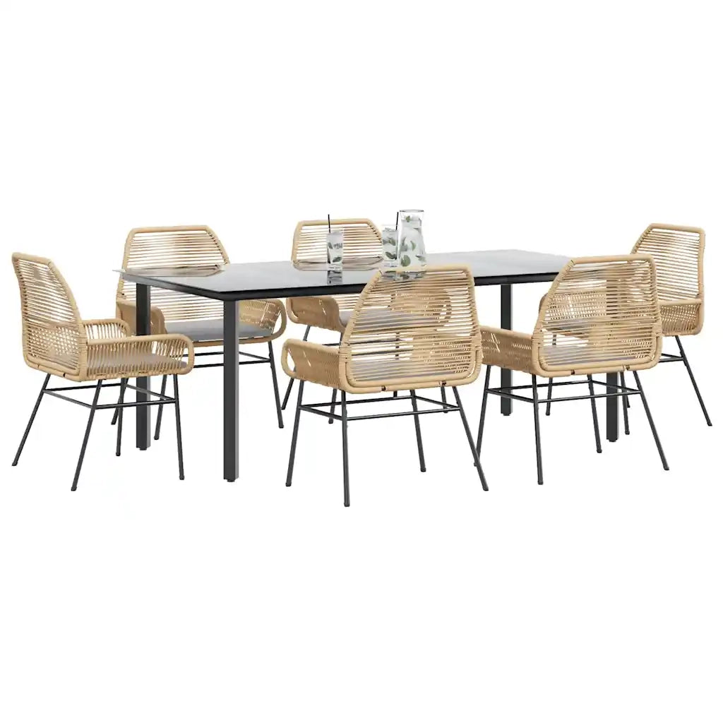 Set Pranzo da Giardino 7pz con Cuscini Marrone Polyrattan Vetro 3334574