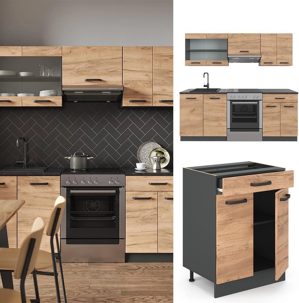 Cucina componibile R-Line, Quercia dorata/antracite, 200 cm, PL Antracite, adatto per l'espansione individuale con moduli aggiuntivi