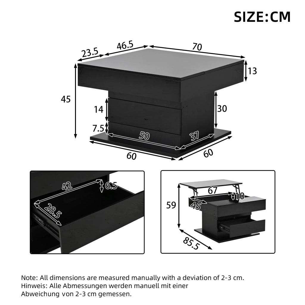 TAVOLO da salotto 70x70x45 cm nero lucido con piano sollevabile e 1 cassetto