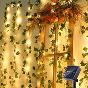 Cavo di Illuminazione Solare Esterno con Foglie in Plastica e 100 LED Bianchi Caldi