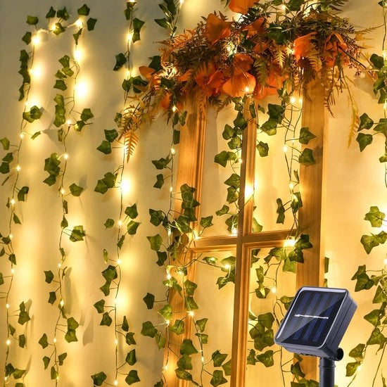 Cavo di Illuminazione Solare Esterno con Foglie in Plastica e 100 LED Bianchi Caldi