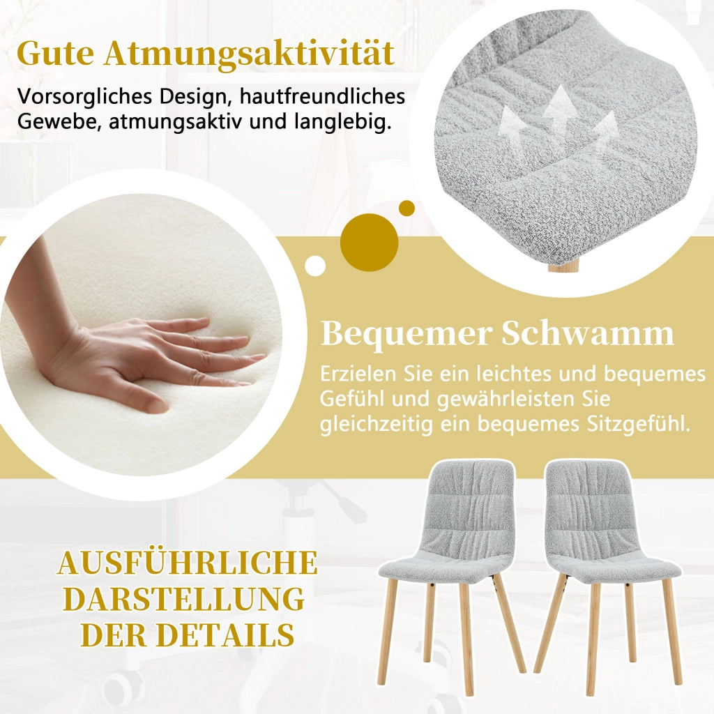 SEDIA da pranzo imbottita 88 cm tessuto grigio chiaro e legno massello Set da 2 pezzi