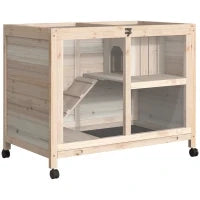 Conigliera in Legno a 2 Piani con Casetta, Rampa e Vassoio Estraibile, 91.5x53.3x73cm