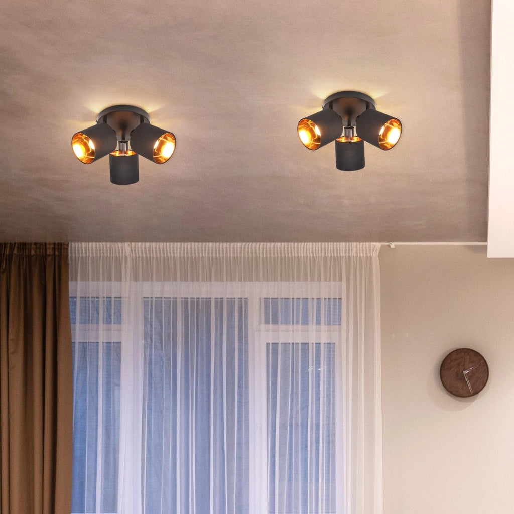 ZMH Faretto da soffitto neri retrò 3 luci E14 rotanti 350° paralume tessuto max 25W senza lampadina