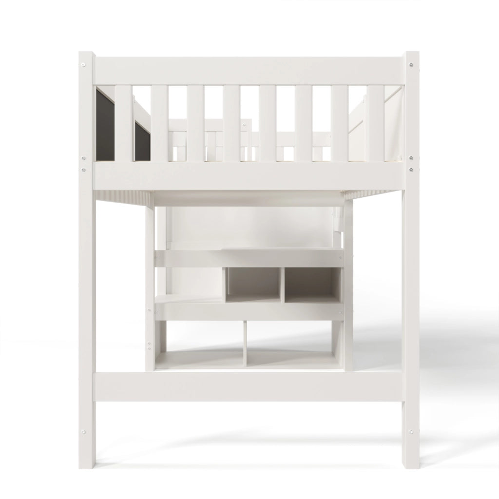 Letto a Soppalco con Lavagna, Contenitore e Protezione ¨C MINIMAL ¨C 90x200, Bianco, Rete a Doghe