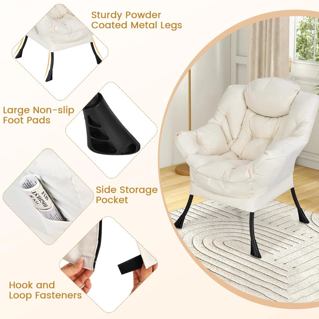 Poltrona da salotto scandinava, divano Relax confortevole, bracciolo, tasca laterale, 4 piedi in acciaio, sedia relax per soggiorno, ufficio, camera da letto, 75 x 81 x 94,5 cm, grigio (beige)