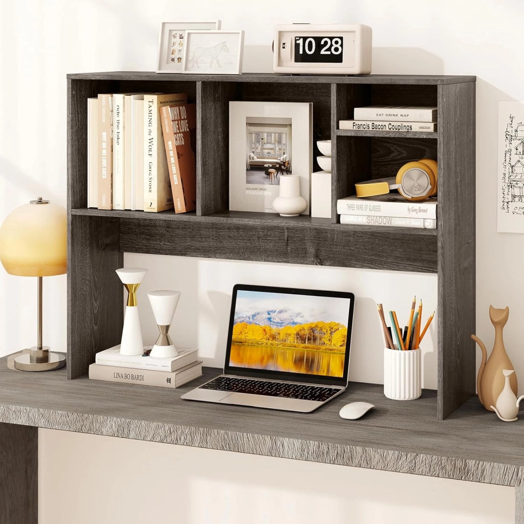Scaffale da scrivania con 4 scomparti aperti, scaffale da tavolo con dispositivo di protezione ribaltabile e cuscinetti antiscivolo, in legno, 94 x 25 x 73 cm (grigio)
