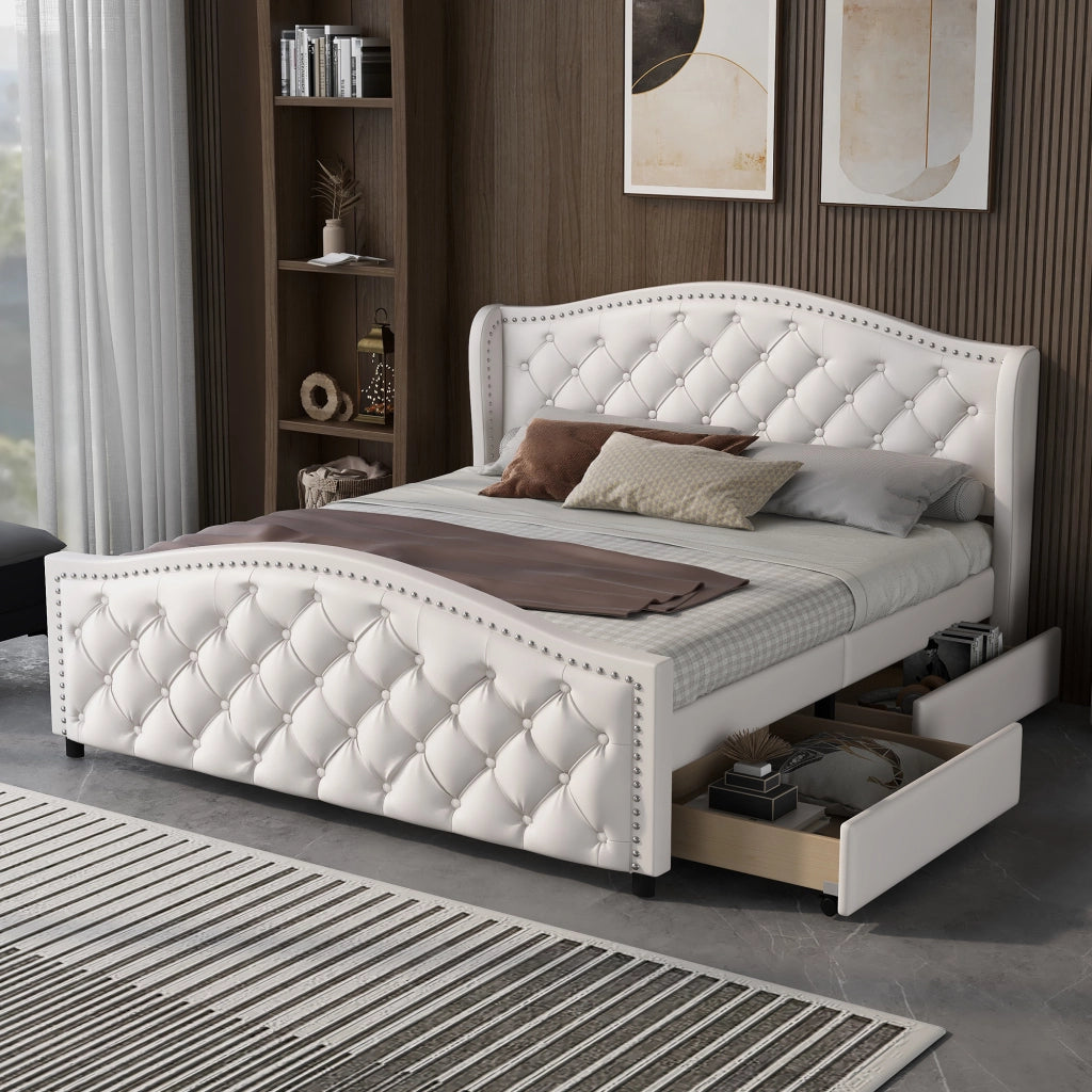 OKWISH Letto con Cassetti 140×200 cm, Letto Matrimoniale con 2 Cassetti e Testiera Imbottita, senza Materasso, in PU, Bianco