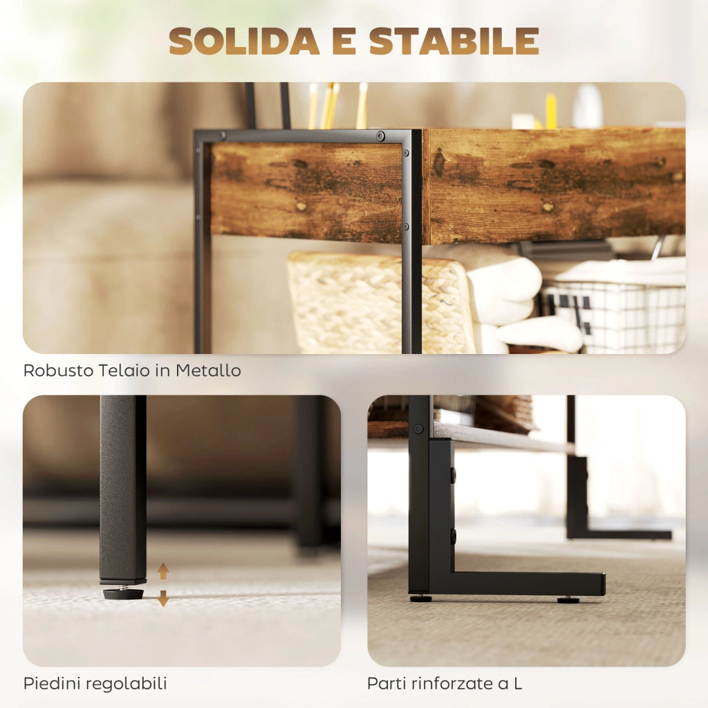 Tavolino da Caffè in Stile Industriale 95x40x46,5 cm con Vano Nascosto e Ripiano in Legno Marrone