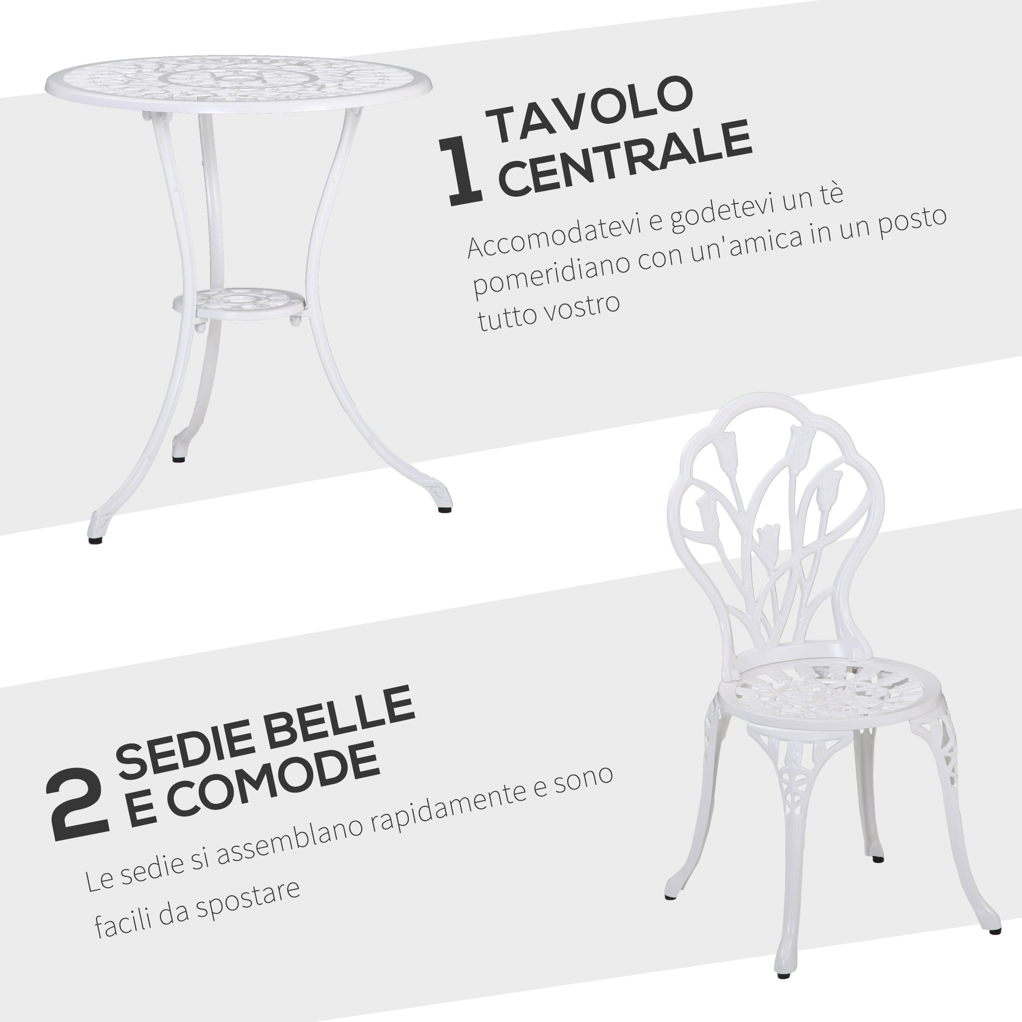 Set Tavolino e 2 Sedie da Giardino in Alluminio Bianco