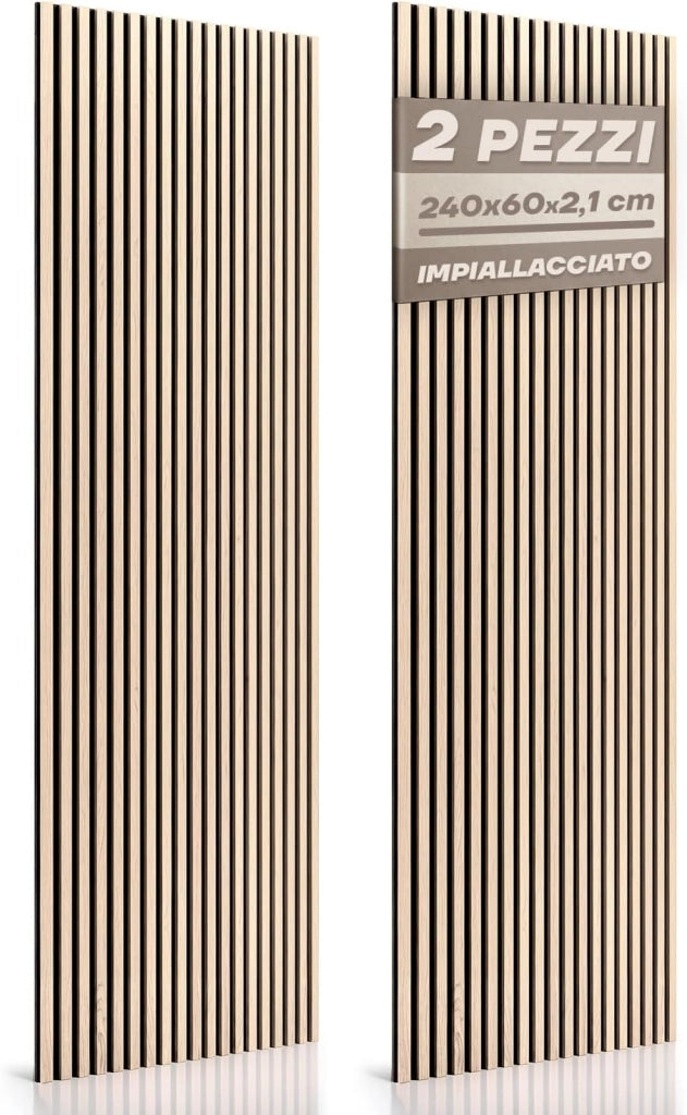 RMF PRO Set 2 Pannelli Decorativi Parete Legno Fonoassorbenti Rovere Chiaro 240x60 cm (2,88 m²) – Rivestimento Acustico a Listelli MDF per Soggiorno, Camera e Ufficio