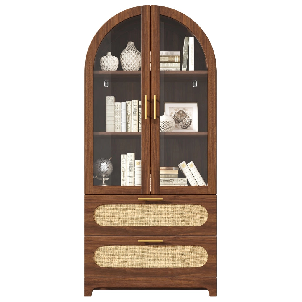 Vetrina, libreria, arco in vetro, 2 cassetti, ripiani regolabili, color noce
