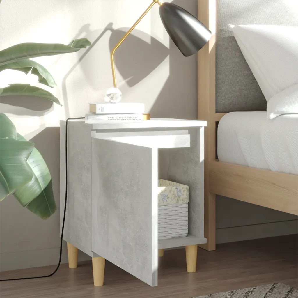 Comodino con Gambe in Legno Massello Grigio Cemento 40x30x50 cm 805823